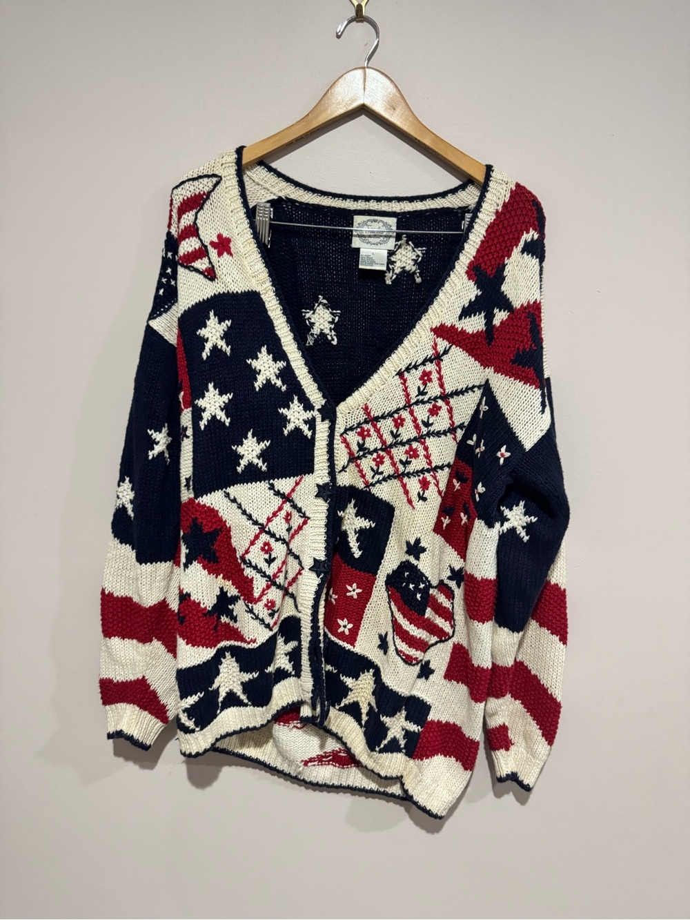 Stitches In Time Women's American Flag Patriotic Knit Cardigan Sweater Large